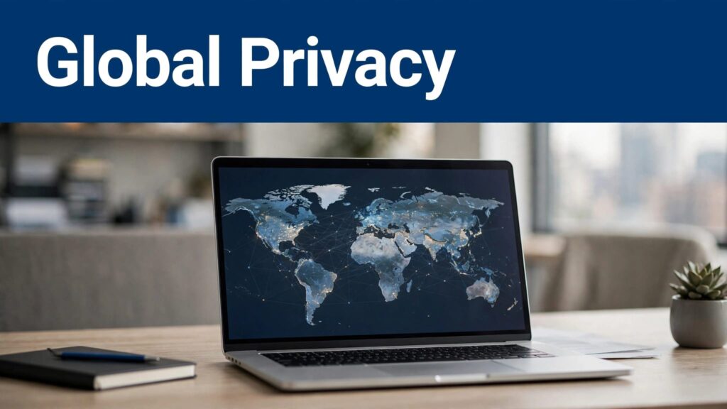 An open laptop displays a connected world map beneath a blue Global Privacy banner.