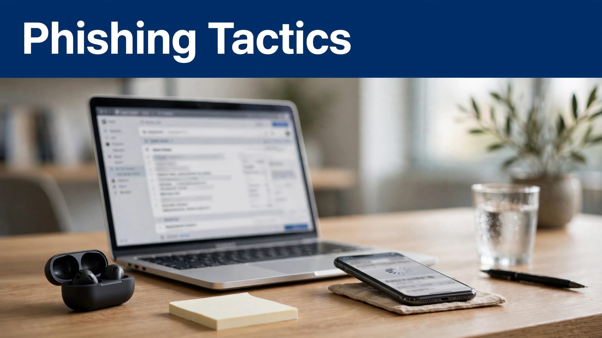 A laptop, smartphone, and payment request sit beneath a blue Phishing Tactics banner.