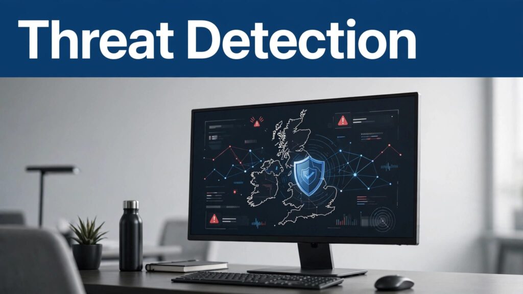 Monitor showing a cybersecurity dashboard with alerts, network nodes, and a UK map.