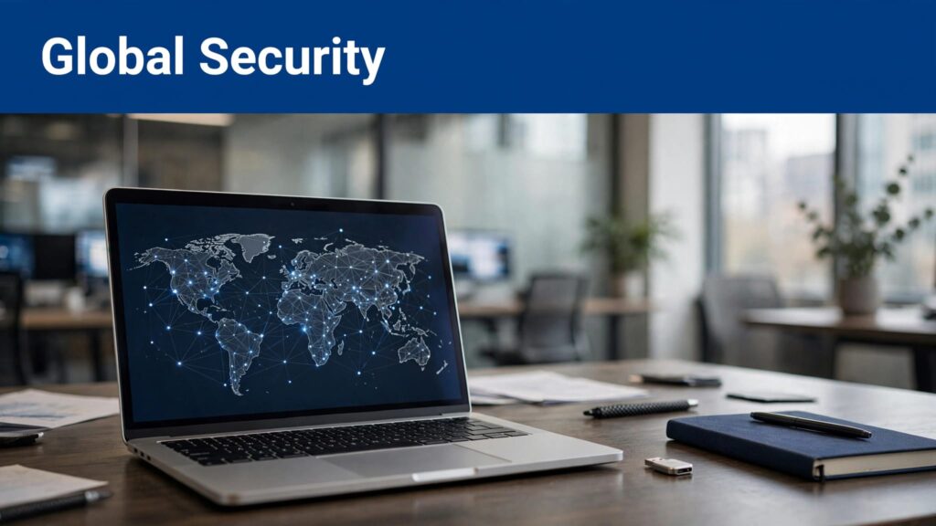 A laptop showing a global network map beside a security key and notebook.